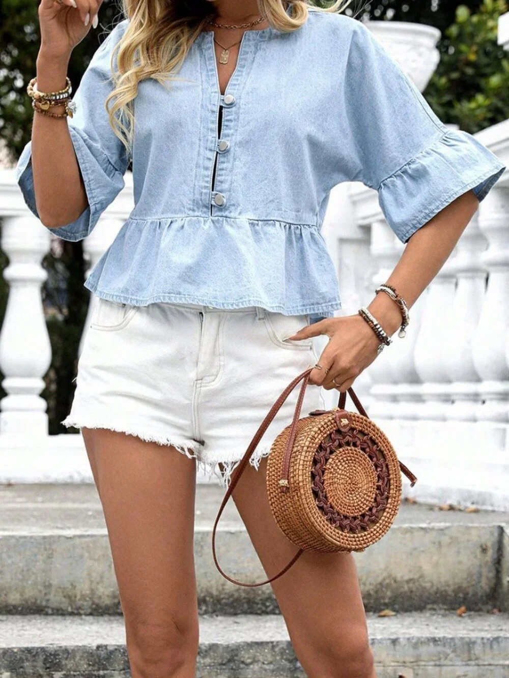 Casual Women's Front Button Light Wash Denim Shirt - Picture 6 of 6